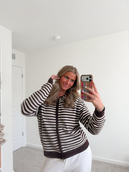 Brown Stripe Zip-Up Sweater