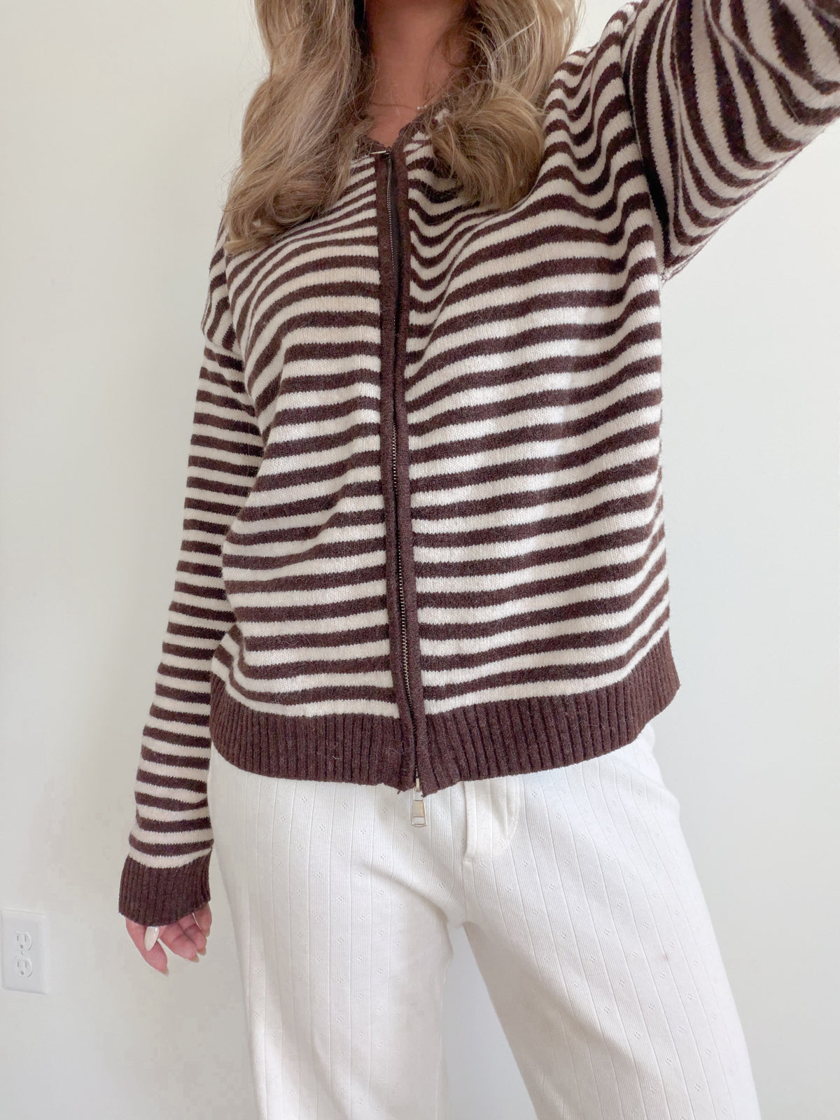 Brown Stripe Zip-Up Sweater