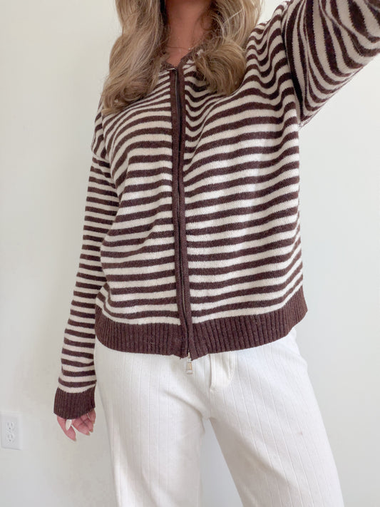 Brown Stripe Zip-Up Sweater