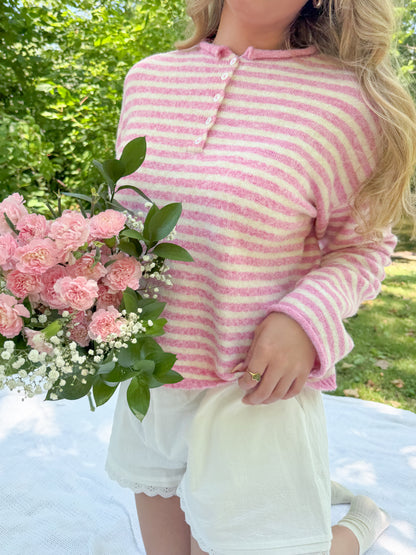 Pink Stripe Henley Sweater
