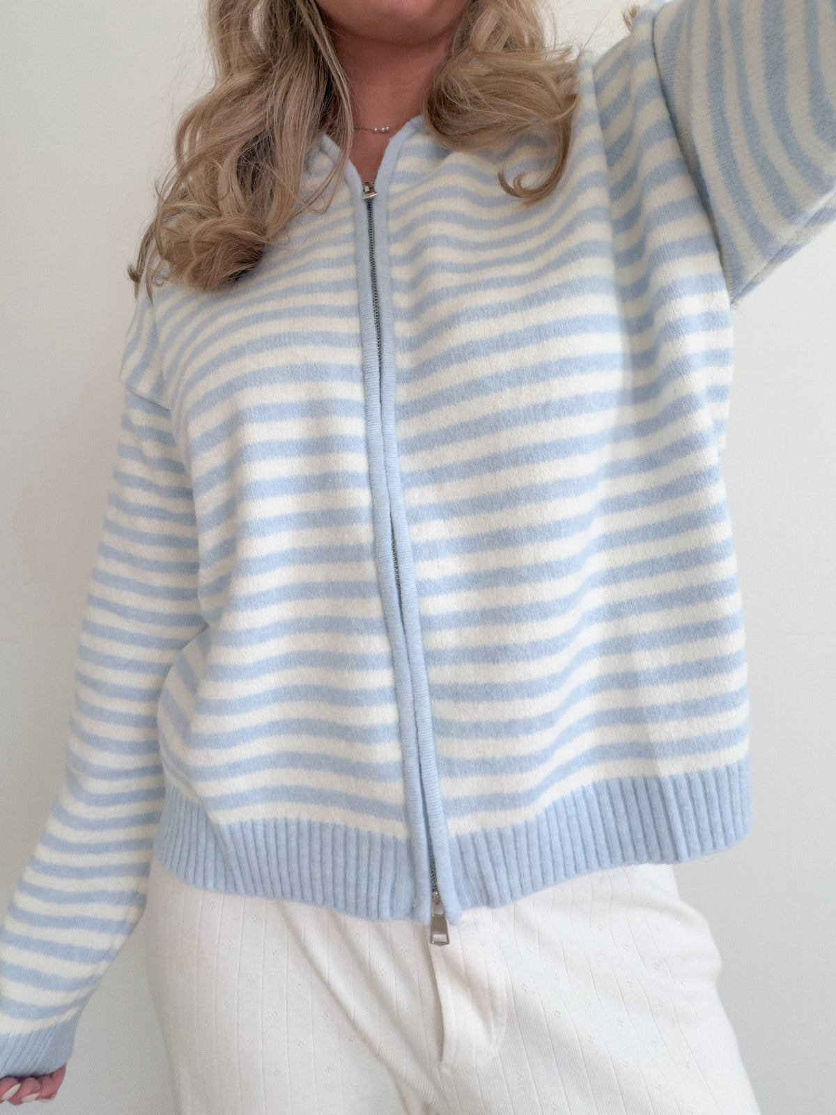 Baby Blue Stripe Zip-Up Sweater