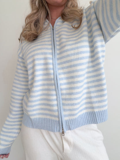 Baby Blue Stripe Zip-Up Sweater
