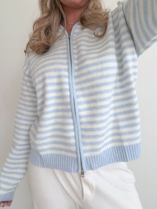 Baby Blue Stripe Zip-Up Sweater
