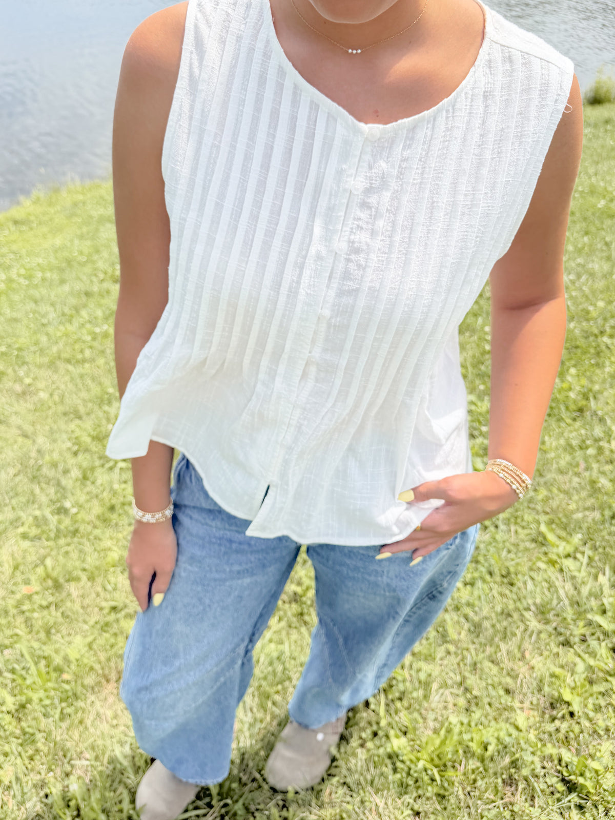 White Sleeveless Button Top