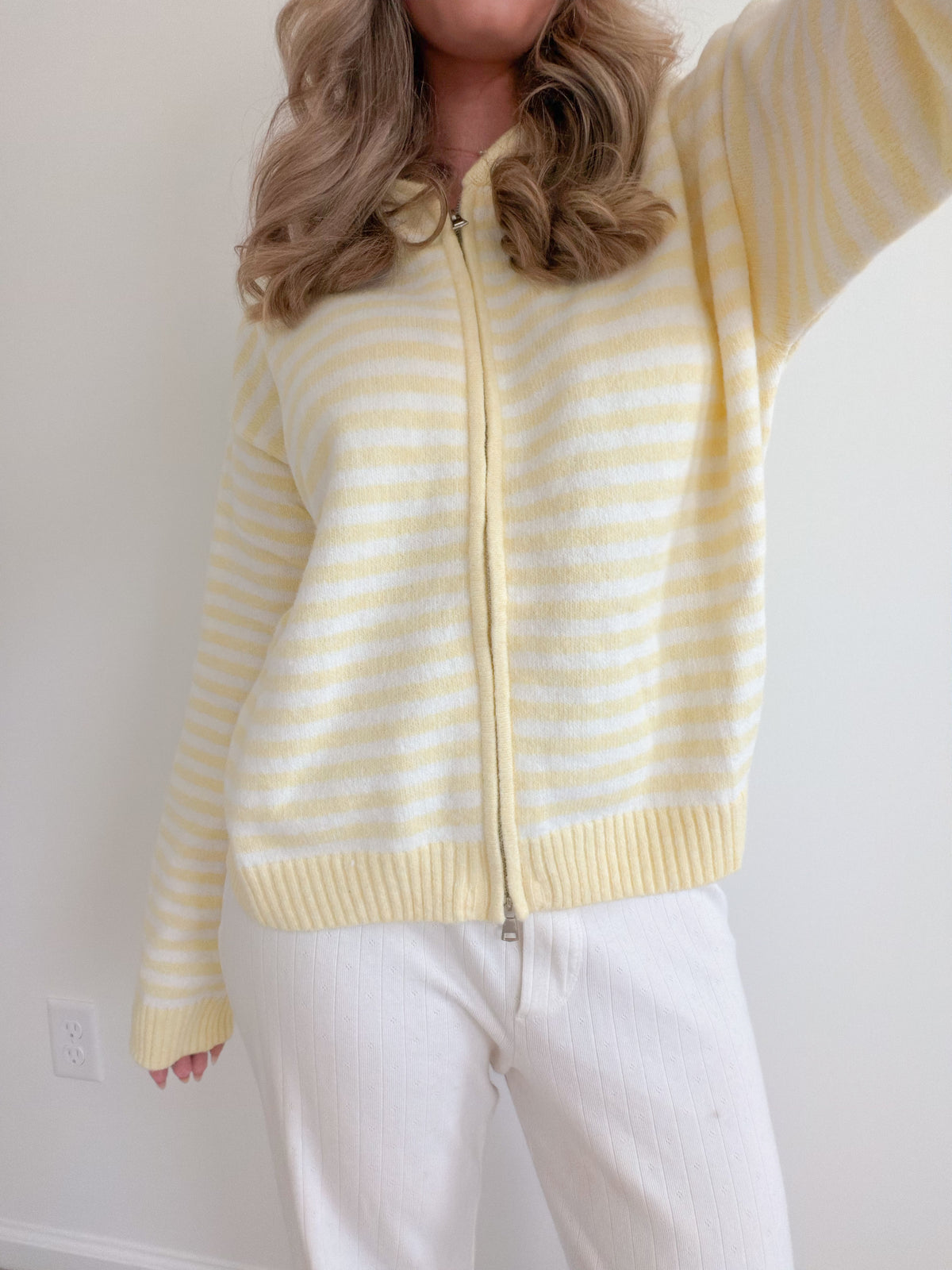 Butter Yellow Stripe Zip-Up Sweater