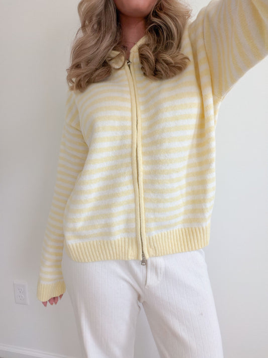 Butter Yellow Stripe Zip-Up Sweater