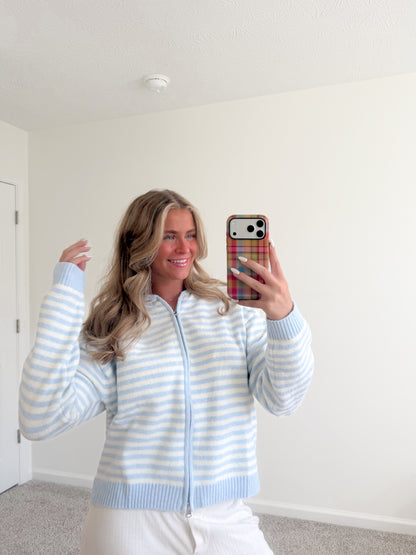 Baby Blue Stripe Zip-Up Sweater