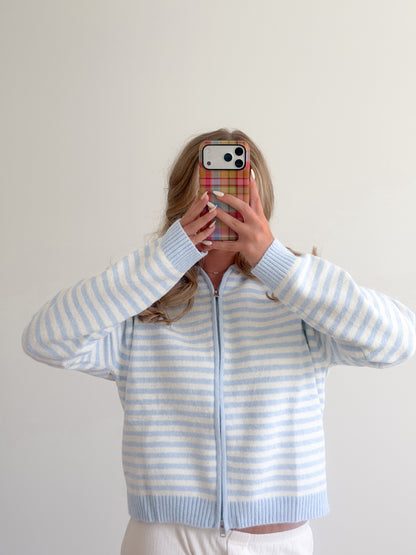 Baby Blue Stripe Zip-Up Sweater