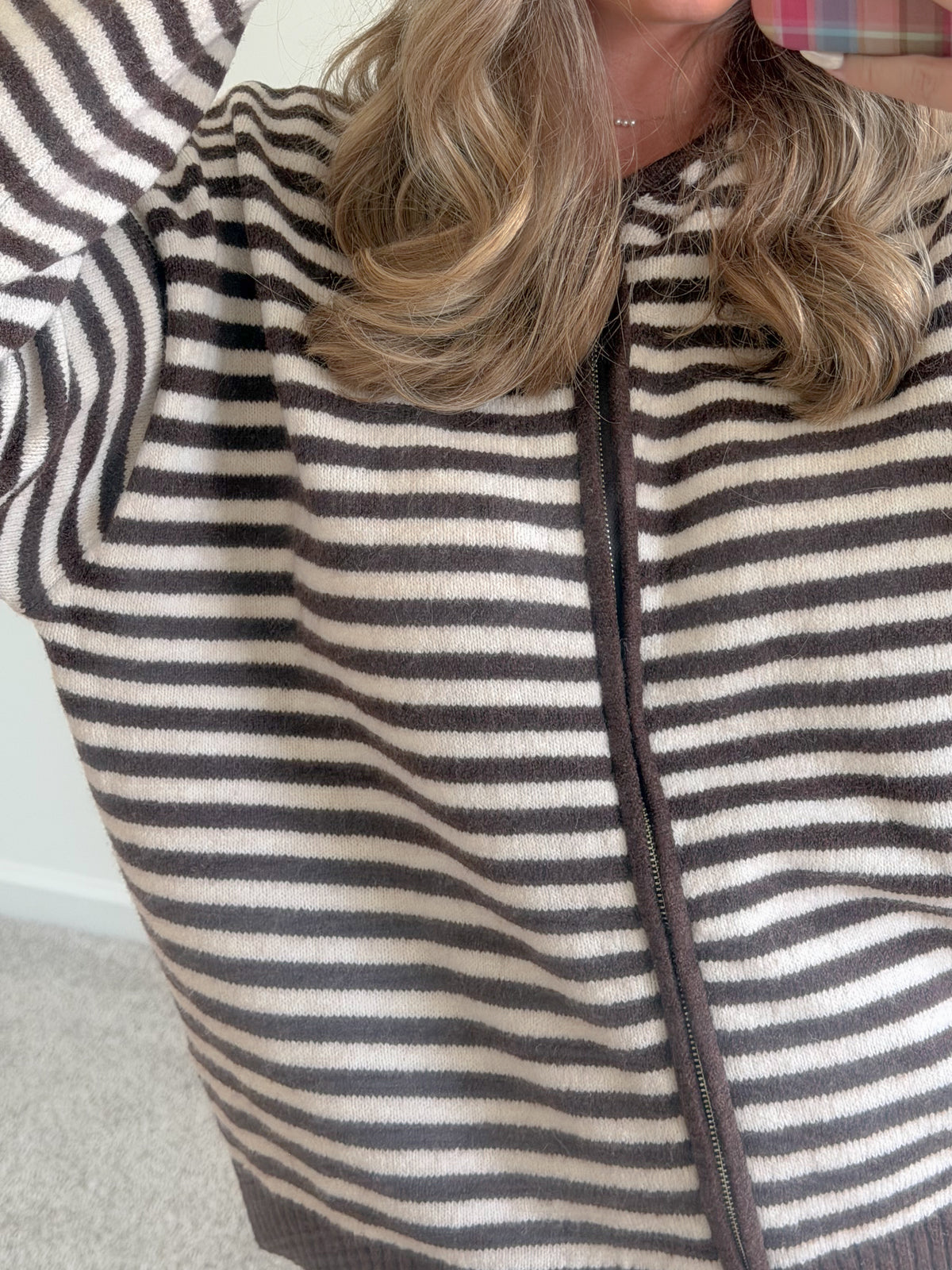 Brown Stripe Zip-Up Sweater