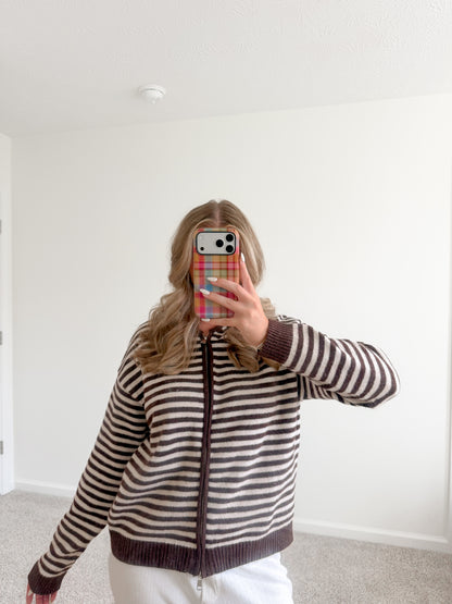 Brown Stripe Zip-Up Sweater
